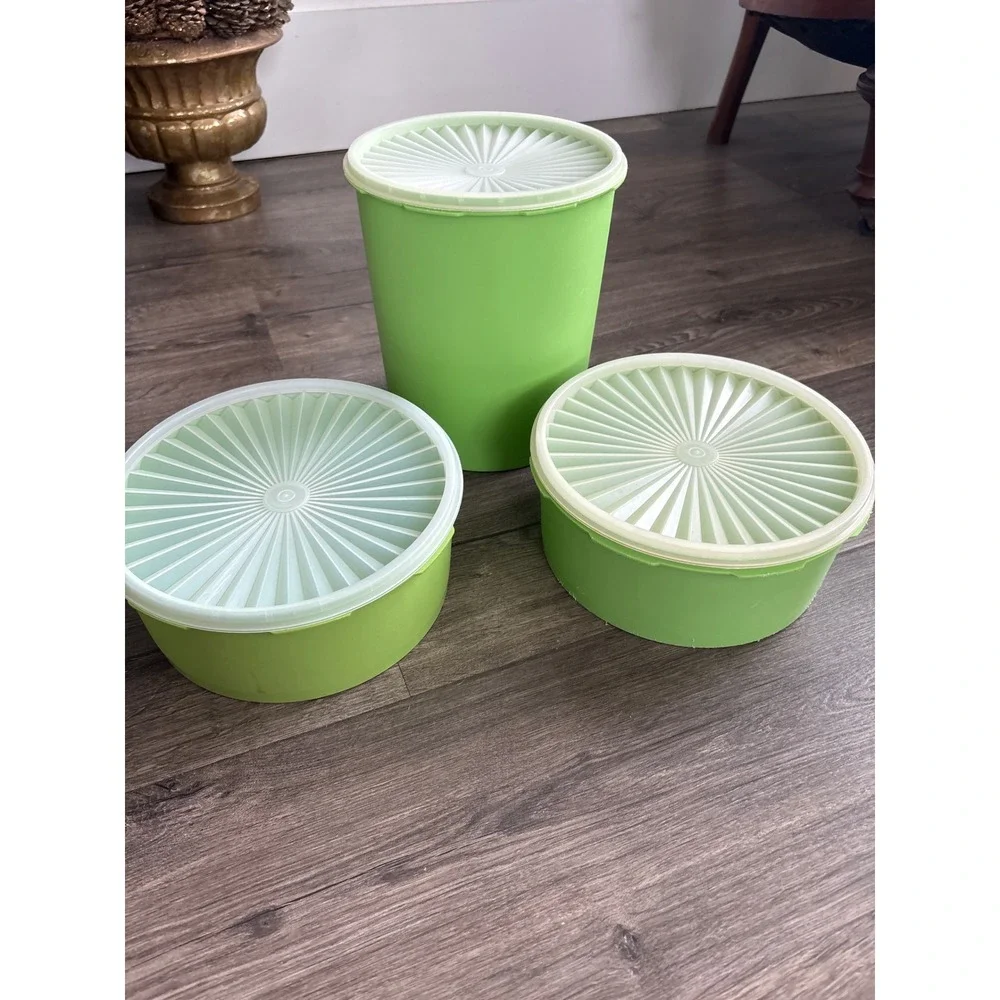 Vintage 70's Tupperware Servalier Canister Set Lime Green Sunburst Lids 3pc